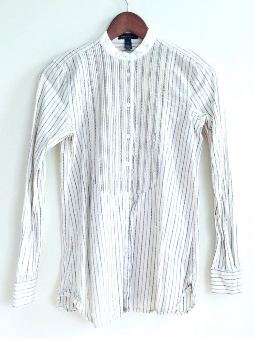 VTG LRL Ralph Lauren Striped Tuxedo Shirt XS Pintuck Bib Cream Navy Band Collar